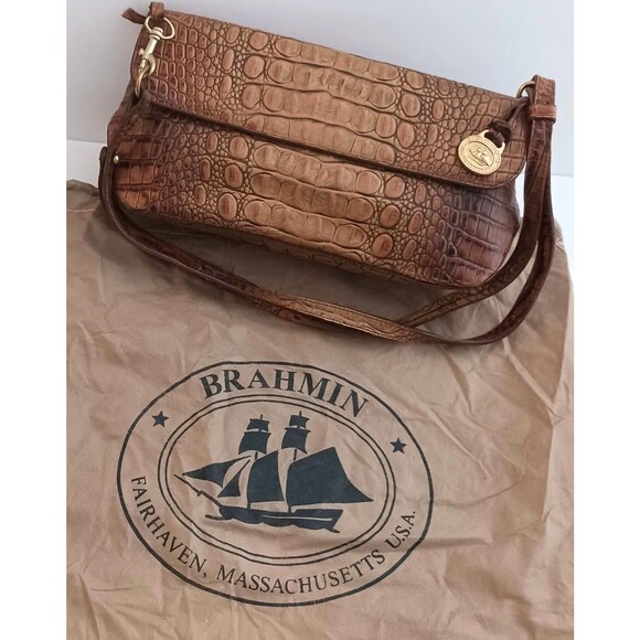 VTG Y2K Brahmin Melbourne Croc Leather Flap Front Shoulder Bag 11X6 Dust Bag - Picture 2 of 12